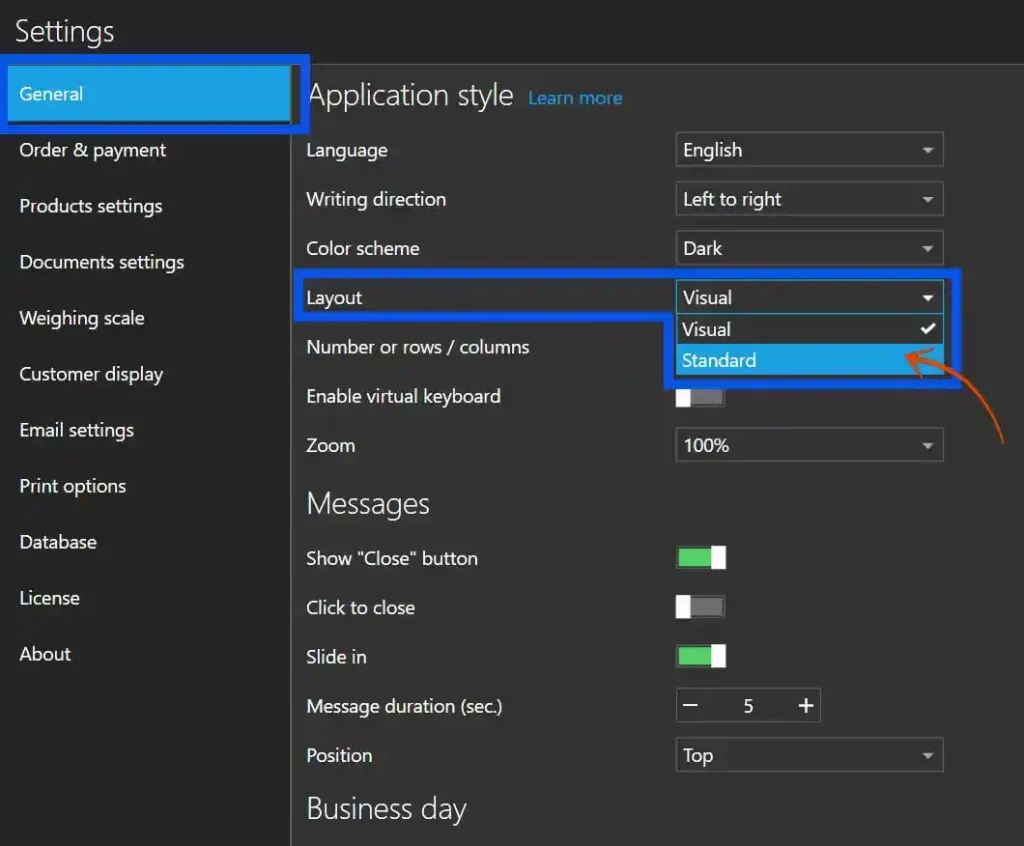 Aronium General Settings Window with arrow pointing to Standard Layout