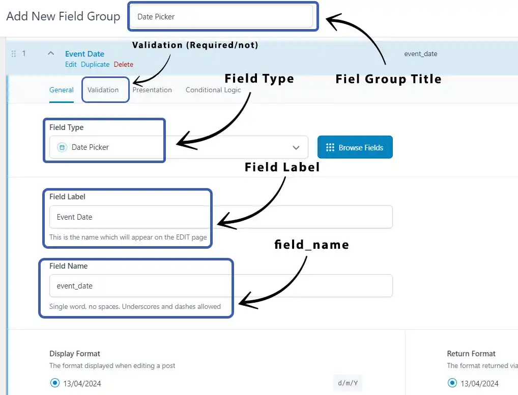 ACF Add new Field Page Items name
